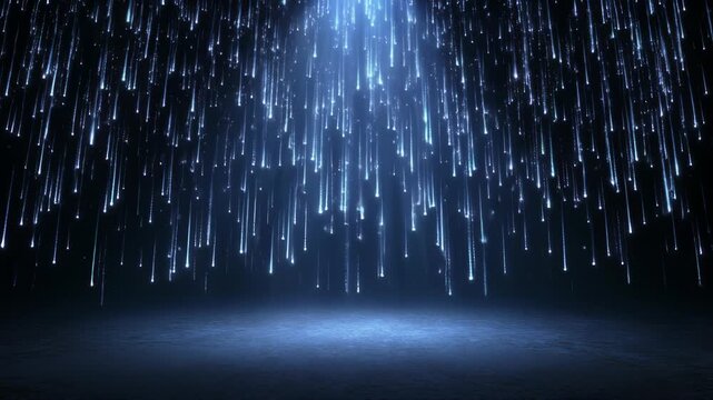 闇のステージに降り注ぐ光のシャワーと輝く粒子が漂う幻想的展示台背景