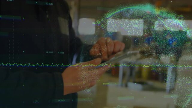 Vertical video: Operator tapping touchscreen, swiping waveform and globe, checking production data