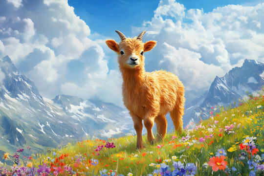 Playful Young Dahu Frolicking in a Sunny Mountain Meadow