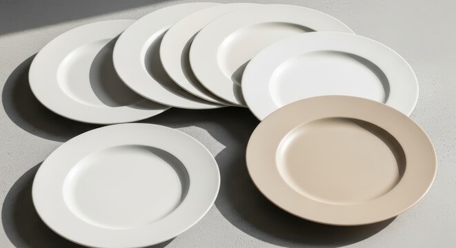 A collection of white and beige ceramic dinner plates arranged on a surface