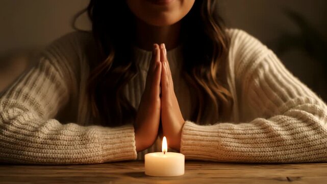 Warm Candlelight Glows Casting Shadows on Woman Praying at Wooden Table in Soft Focus with Wavy Brown Hair and Cream Colored Sweater