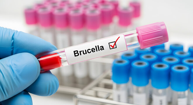 Hand in blue glove holding test tube labeled Brucella with red checkmark medical laboratory