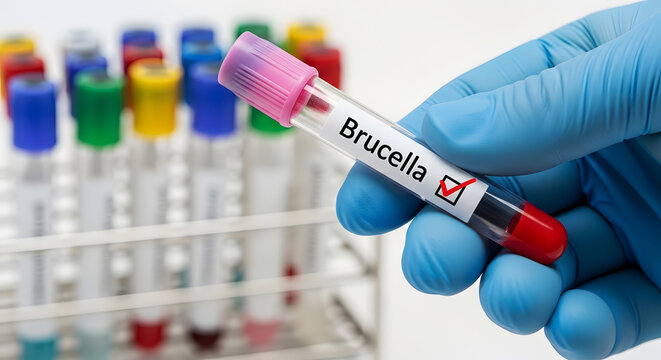Hand in blue glove holds Brucella test tube with red checkmark blood sample