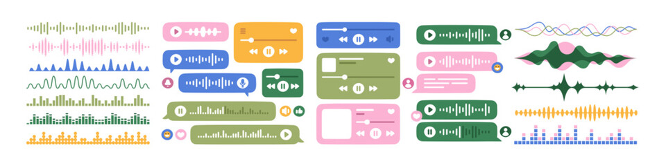 Fototapeta na wymiar Sound waves, voice messages and audio tracks set. Music play and pause, soundtrack waveforms. Audible records, podcasts, players streaming. Flat vector illustrations isolated on white background