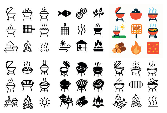 Barbecue icons with grill bowl logs minimal