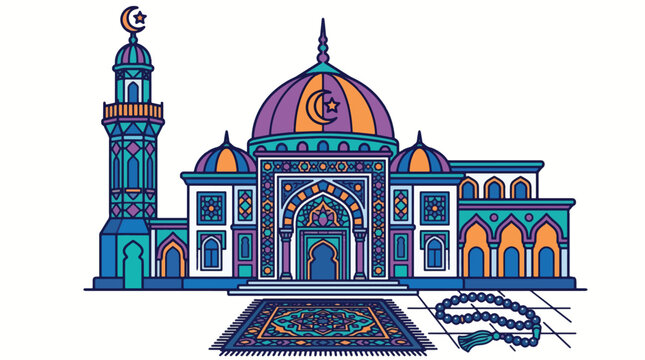 Vibrant Mosque Vector Illustration with Prayer Rug and Tasbih. Flat Design Islamic Holy Place for Ramadan, Eid al-Fitr, Eid al-Adha, Worship, and Muslim Spiritual Celebrations.