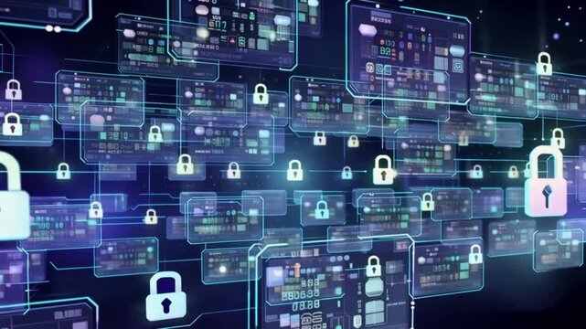 A futuristic video showcasing digital security with multiple padlocks and code on screens