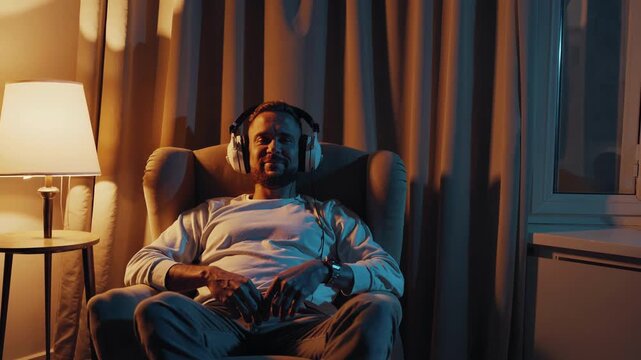 Black Man Relaxing In Chair Listening To Music Through Headset, Evening Interior Lit By Lamp, Warm Shadows On Curtains, Casual Clothing, Calm Introspective Mood, Home Leisure Scene