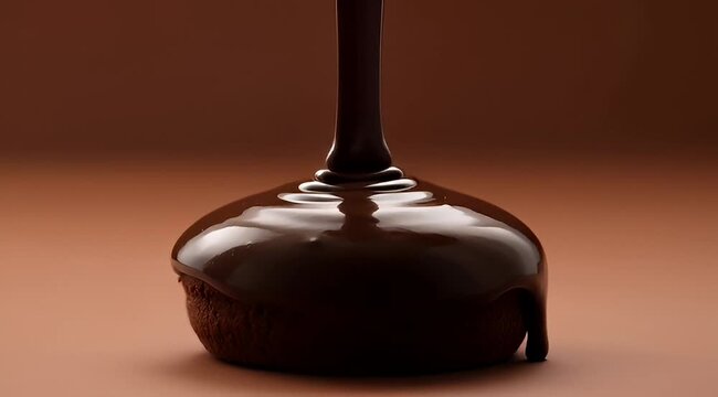 Decadent chocolate dessert being doused in rich dark chocolate sauce topping
