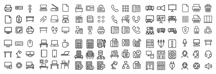 Obraz premium Office icons with phone monitor printer outline thin