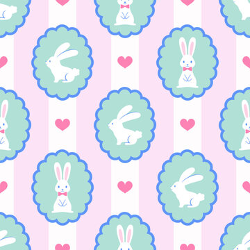Rabbit seamless pattern background vector illustration. Cute white rabbits in scalloped frame on pink and white stripes background