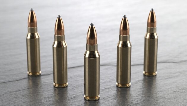 A close-up studio shot displays five rifle cartridges arranged in a fan formation with brass casings and copper tips, set against a textured gray surface