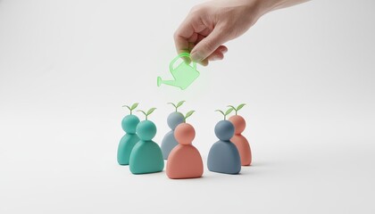 Growth, Mentorship, Development, Leadership, People, Talent, Support hand with watering can nurturing figures with sprouts, illustrating career progress and management.