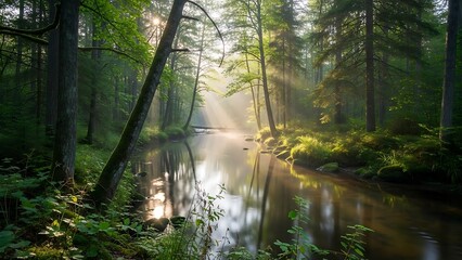 Obraz premium Sunlight filters through dense forest canopy onto a calm flowing.