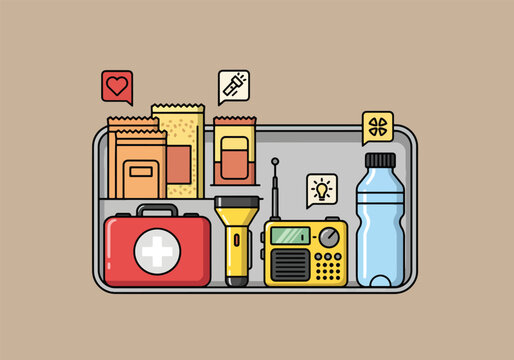 Disaster relief emergency kit with supplies and tools for survival preparedness