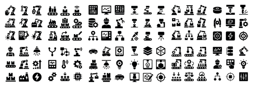 Manufacturing icons with assembly line machine bold