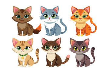 Fototapeta premium Cute cartoon cats characters set. Diverse domestic kittens collection for nursery and children design vector illustration.
