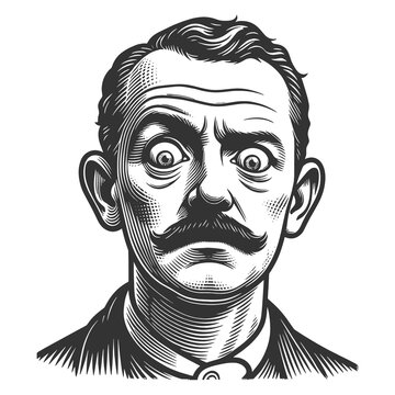 Victorian era man with mustache and wide eyes, expressing surprise, fear or disbelief sketch engraving generative ai fictional character raster illustration. Scratch board imitation. Black and white.