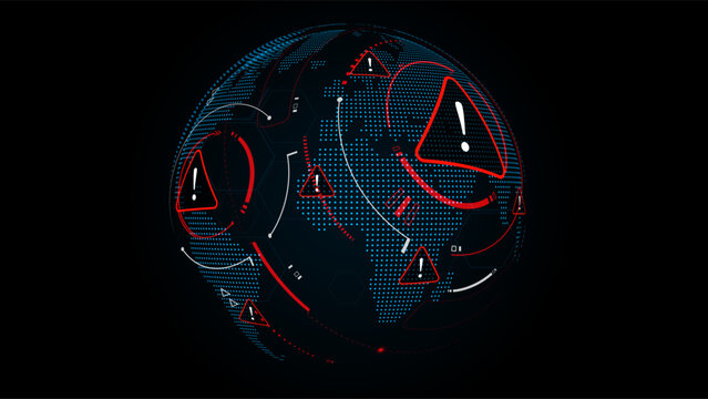 Digital World War Concept. Global Conflict and Cyber Warfare Alert Icons on Blue World Map. High-Tech Security Threat and Crisis Illustration, vector illustration