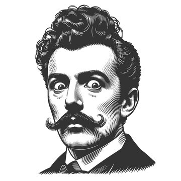 startled man with curled mustache and wide eyes sketch engraving generative ai fictional character raster illustration. Scratch board imitation. Black and white image.