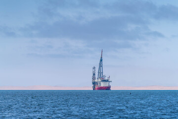 A large colony of Cape fur seals rests on a sandy sandbank along the Atlantic coast near Walvis Bay (Walfischbucht), Namibia. Many seals gather closely together on the shore while others swim in the s