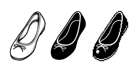 Fototapeta premium Three styles of ballet flats: sketch, silhouette, pixel art representations
