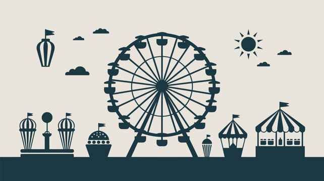A black and white illustration of a Ferris wheel and carnival attractions on a sunny day
