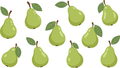 Green pear fruit vector set with fresh pears and leaves isolated in flat cartoon style for healthy food illustration, grocery design and organic farming concept © tofajjol studio