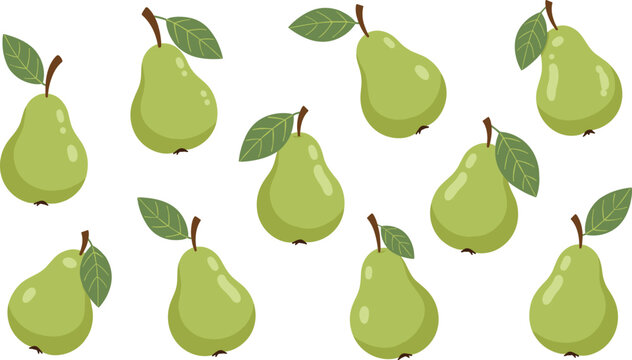Green pear fruit vector set with fresh pears and leaves isolated in flat cartoon style for healthy food illustration, grocery design and organic farming concept