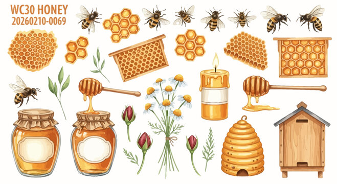 Watercolor illustration of honey bees honeycomb and related objects