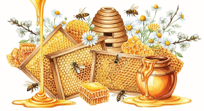 Watercolor illustration of honey production with bees and honeycomb elements