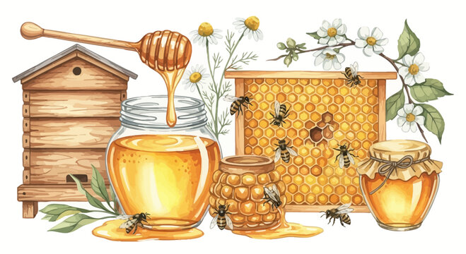 Watercolor illustration of honey products with bees and floral elements