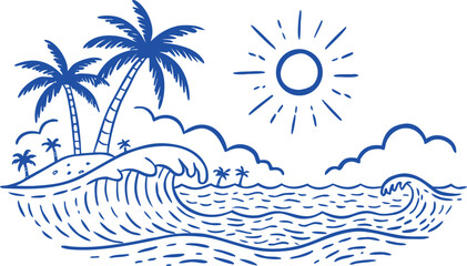 Obraz premium Blue Hand Drawn Tropical Island Scene with Palm Trees, Ocean Waves and Sun