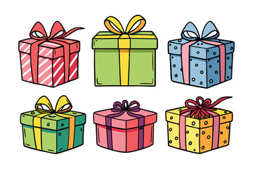 Colorful gift boxes set with ribbons. Birthday and holiday present collection vector illustration.