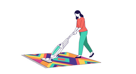 Fototapeta premium Woman using vacuum cleaner on colorful rug in modern minimalist flat illustration style for cleaning concept in home and household chores