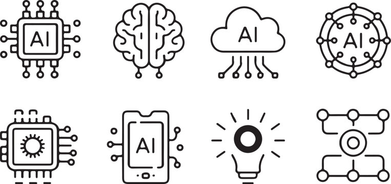 Modern ai technology vector icons with focus on mobile processing neural connections and cloud infrastructure for digital transformation and enterprise level software development requirements now