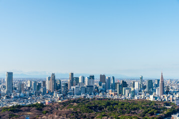 Obraz premium High angle panoramic view of Tokyo city skyline with Shinjuku skyscrapers and Yoyogi Park under a clear blue sky. Concept of urban landscape, metropolitan growth and travel destination in Japan.