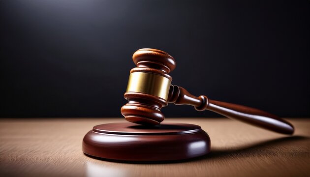 a detailed rendering showcases a classic wooden gavel against a stark black backdrop symbolizing justice and legal proceedings
