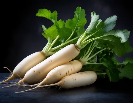 freshly harvested daikon radish with vibrant green leaves against a dark background