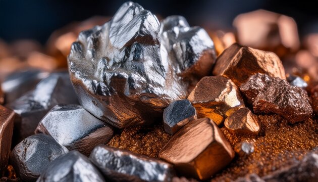 macro close up of diverse metallic ores showcasing unique textures and colors in an abstract industrial composition of silver gold copper zinc iron