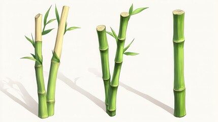 Fototapeta premium A collection of natural green and yellow bamboo stalks, some with fresh leaves, standing upright with cleanly cut tops, illustrating growth and organic botanical simplicity for design elements.