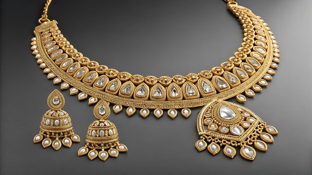 Ornate gold indian bridal necklace set with earrings and maang tikka