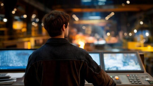 Steel mill operator monitoring continuous casting machine controls, molten metal flowing into cooling molds visible through heat-resistant observation window behind control panel, perfect for