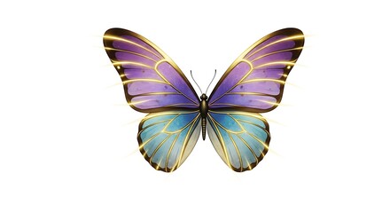 Obraz premium Colorful butterfly with purple and blue wings outlined in gold against a white background