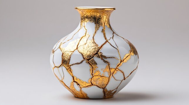 bennington. Shattered ceramic vase repaired with golden lacquer, kintsugi art on simple background. event programs, museum guides, designed for cultural heritage projects and event programs.
