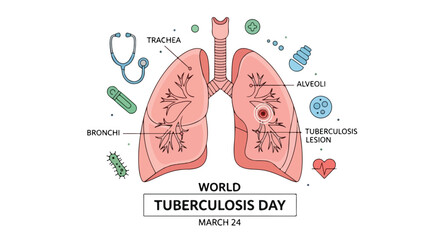 Illustration of lungs with tuberculosis symptoms for World Tuberculosis Day on March 24 with medical icons
