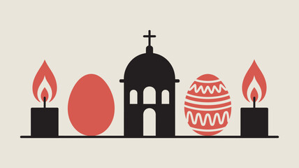 Obraz premium A symbolic Easter scene with a church, eggs, and candles on a beige background