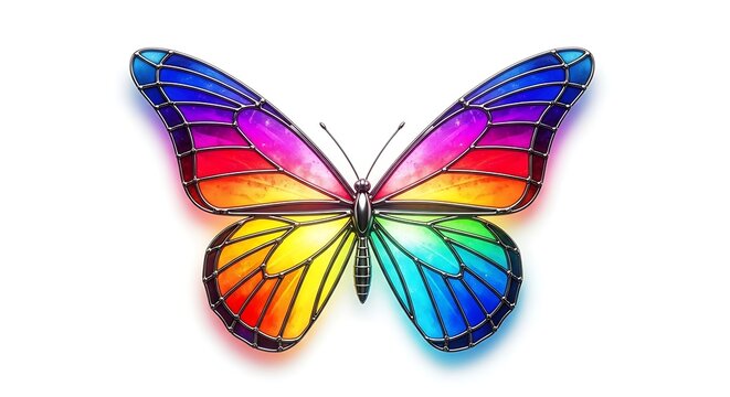 Colorful stained glass butterfly with vibrant rainbow wings and detailed patterns