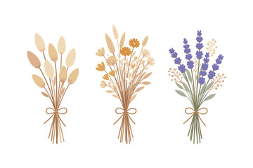 Naklejka premium Three bouquets of dried flowers and lavender tied with twine on a white background