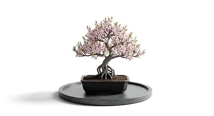 Obraz premium Small bonsai tree with pink flowers in a black pot on a round tray